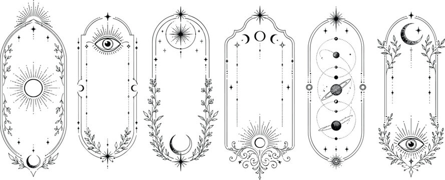 Celestial boho frames with moon phases, butterfly and mystical arch design, abstract vector set isolated on black background. Esoteric art with stars, sun symbols, and magical pattern, vintage borders