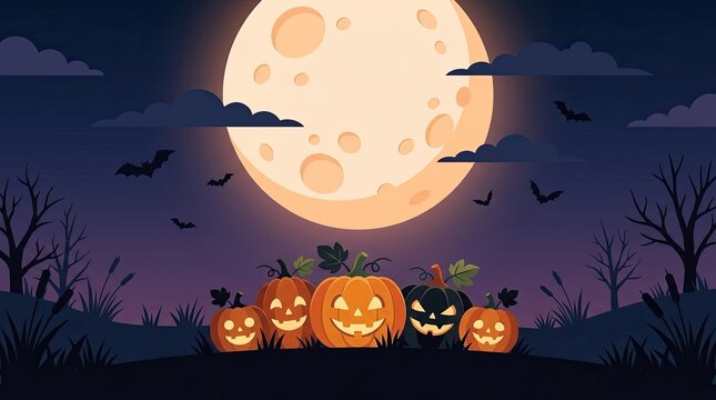 A spooky halloween background featuring glowing carved pumpkins and a large full moon in a dark night sky setting
