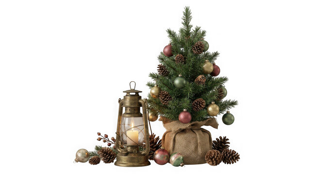 Small christmas tree in burlap sack with ornaments and vintage lantern isolated on transparent background