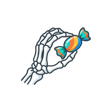 Skeleton hand holding colorful candy with transparent background