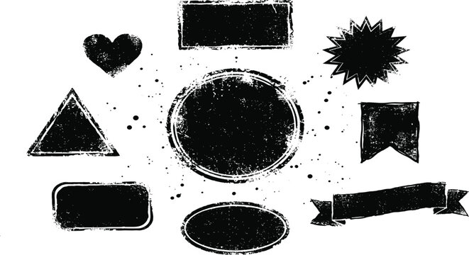 Rolled ink stamp shapes and textboxes set. Handmade with brayer circle, rectangle, triangle, arc and irregular shape with rough distressed letterpress texture Vector text box template, banner, overlay