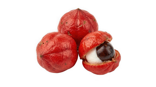 Three bright red ackee fruits with one opened to reveal white aril and black seed isolated on transparent background