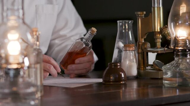 Victorian scientist writing information on a drug