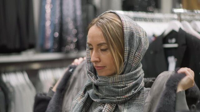 Close up of woman wearing winter clothing in store adjusting her gray plaid scarf and dark fur coat. background features racks of hanging clothes with soft lighting creating indoor retail