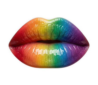 Closeup of glossy lips painted with vibrant rainbow colors isolated on transparent background