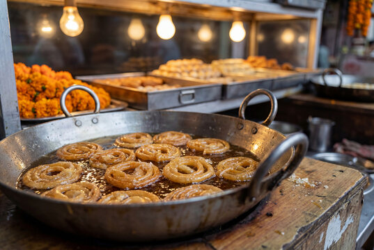 Fresh jalebi being deep fried in a traditional Indian sweet shop, surrounded by trays of mithai and warm market lighting, showcasing North Indian street food culture