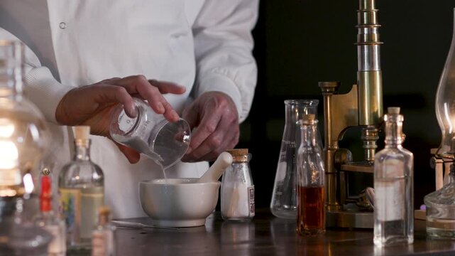 Victorian scientist mixing a powder with mortar and pestle
