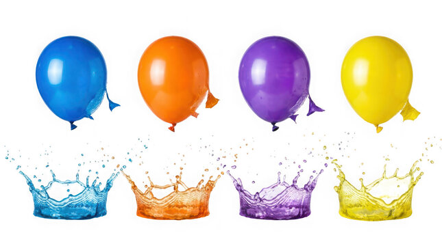Colorful balloons bursting above liquid splashes isolated on transparent background