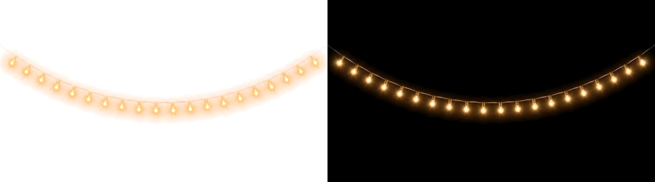 String light garland with glowing bulbs in gentle catenary sag effect overlay isolated on transparent background