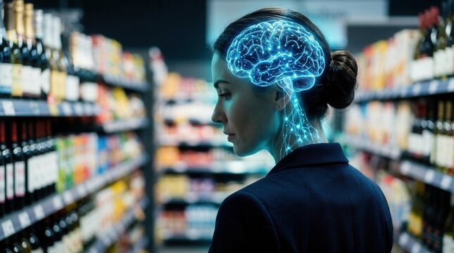 AI-powered smart retail tech for consumer purchase decisions featuring a digital brain network overlay on woman's profile.