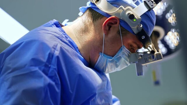 Caucasian male surgeon wearing blue robe, mask, cap and surgical loupes. Close-up side portrait of a modern neurosurgeon using surgical tools at operation.