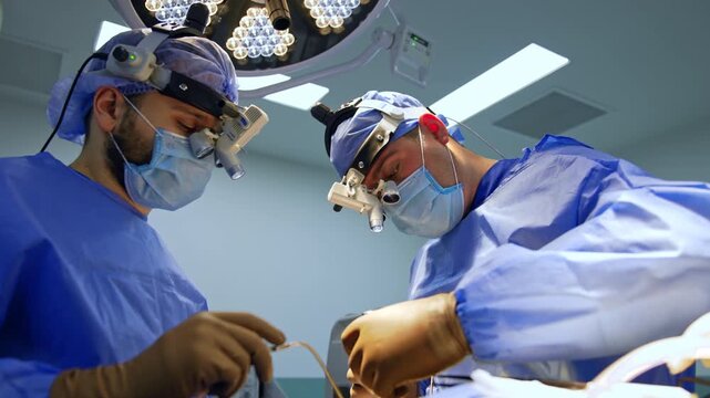 Professional male medics wearing uniform and surgical loupes on their heads perform the surgery. Low angle view at the neurosurgeons working at operation.