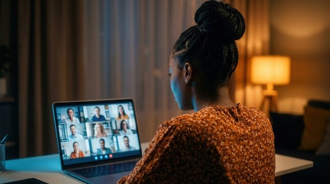 Virtual conference for people working from home featuring a young woman on a video call with her team.