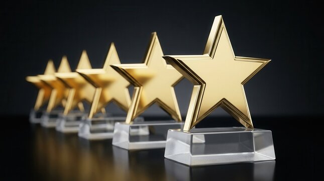 Golden star trophies for outstanding staff on a dark background, symbolizing career excellence and business achievement.