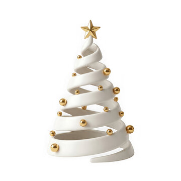 Modern minimalist white spiral christmas tree ornament with gold spheres isolated on transparent background
