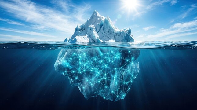 Sunlit sky over a massive iceberg with a glowing digital network structure hidden beneath the ocean surface.