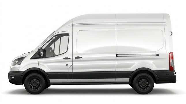 Delivery service vehicle featuring a white modern minibus isolated on white background for commercial cargo transport.
