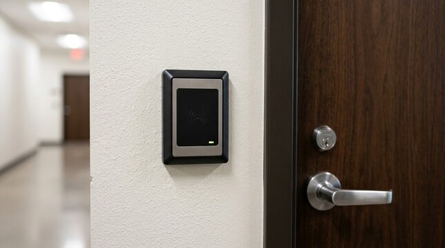 Corporate agreement key card badge reader mounted beside a legal office door, business contract concept