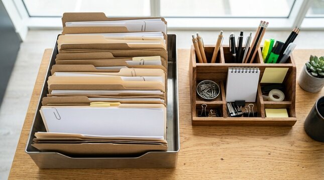 Vendor agreement folder tray stacked with newly opened contract case files beside a desk organizer, vendor contract and procurement concept