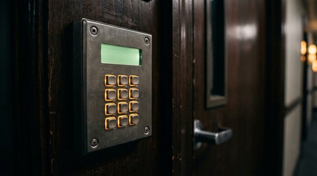 Licensing agreement keypad entry panel on an office door glowing with a small backlit display, licensing and intellectual property contract concept