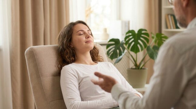 Mental healing and hypnosis session where a woman sits comfortably and calmly with a professional therapist.