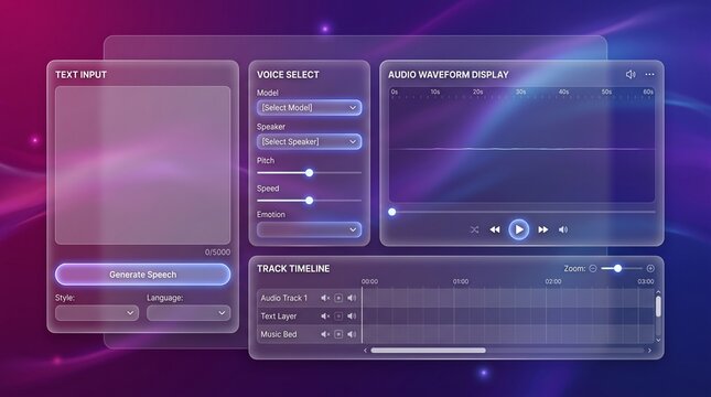 Futuristic glassmorphism UI dashboard, neon purple audio editing interface, digital voice select and waveform display panels