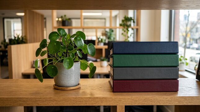 Service agreement office plant shelf beside a stack of resource binders, business service contract concept