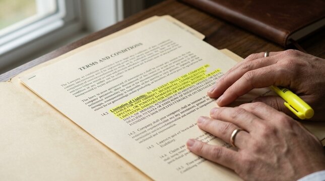 Terms and conditions printout resting beside a highlighted clause on a lawyer's desk, legal terms and compliance concept