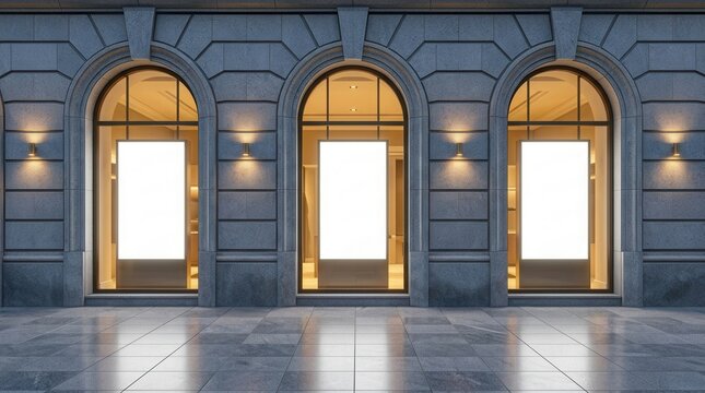 Ornate building facade with arched openings and three bright empty display windows at a luxury store entrance.