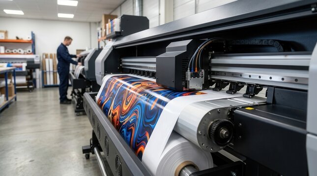 Large format printing machine producing colorful posters and banners in an industrial production setting.