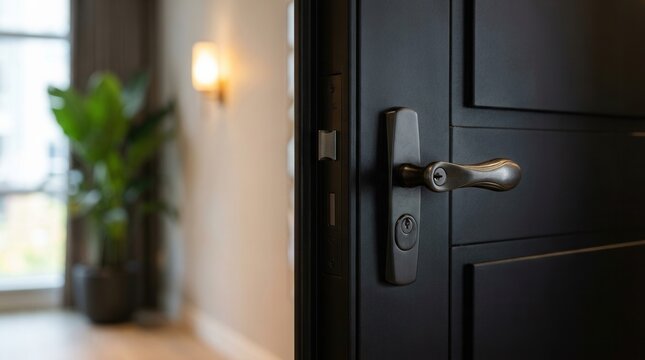 Detail of a mortise lock and metal handle on a modern black armored apartment door.
