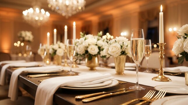 Formal dining table with white tablecloth, elegant place settings, and candles awaiting guests in a restaurant.