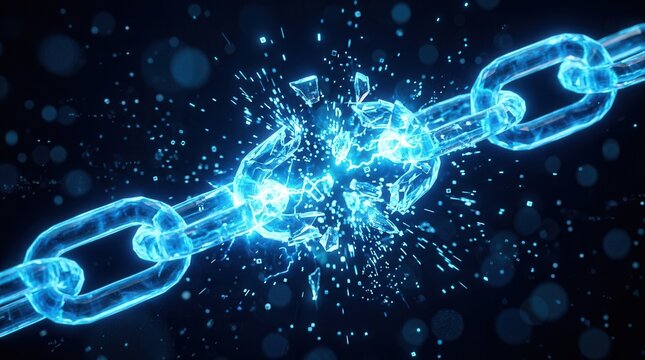 Abstract blue glowing digital chain link broken to symbolize a network connection failure and security breach.