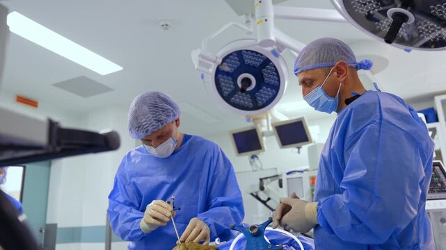Spacious modern well-equipped operating room with the team of doctors working in. Two male neurosurgeons stand at the operating table under the round lamps.