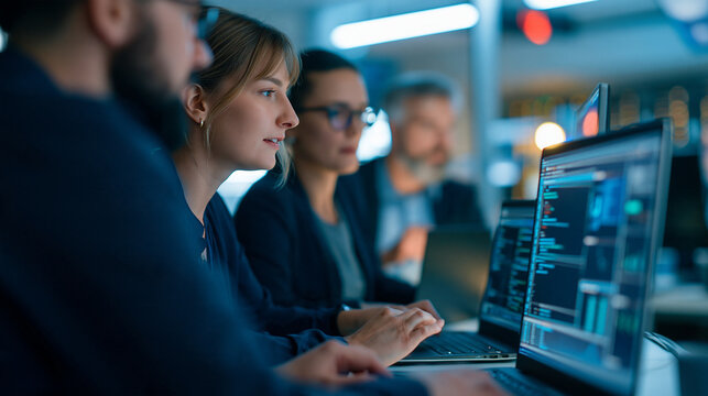 Over the shoulder view of a team of three software developers reviewing artificial intelligence agent software and interface graphics on laptops, bright modern technology office