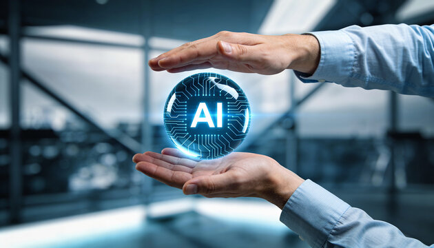 Man hands cupping glowing artificial intelligence orb protecting digital brain circuitry sphere modern office blue light
