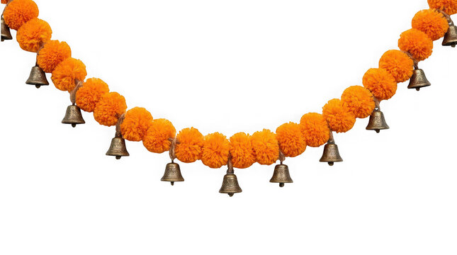 Festive marigold flower garland with traditional brass bells isolated on transparent background