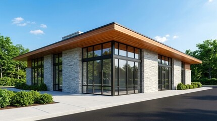 Fototapeta premium A modern commercial building exterior surrounded by green bushes and trees with large glass windows and stone facade.