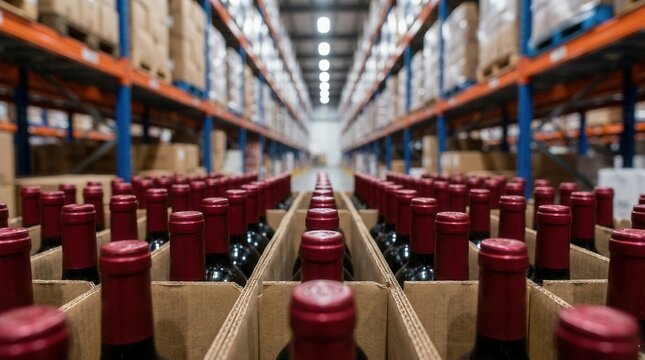 Logistic and distribution center warehouse with rows of wine bottles packed in cardboard boxes ready for shipment.