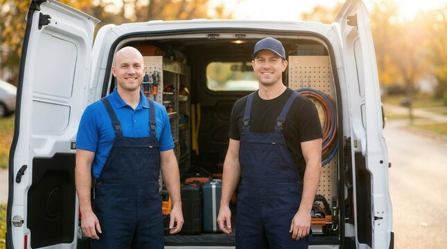 Service van with tools and two smiling men in work overalls ready for a job.