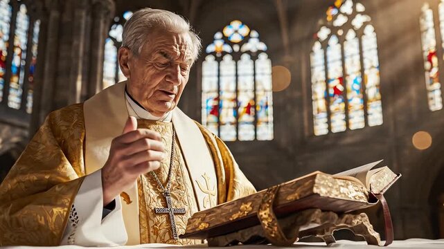 Senior priest reading bible in church
