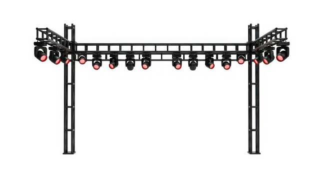 Professional stage lighting truss system with multiple spotlights isolated on transparent background