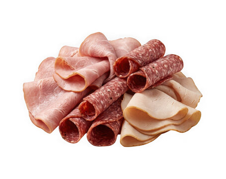 Assorted sliced deli meats including ham, salami, and turkey arranged on a transparent background