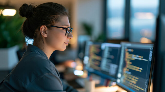 Side profile defocused view of confident professional woman software developer coding on multiple monitors at her desk, bright modern office background with plants and large