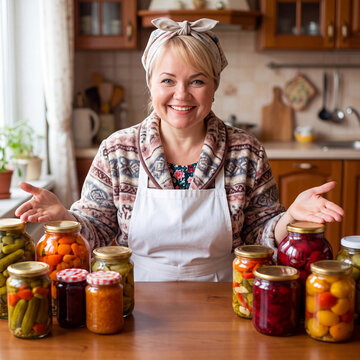 A happy housewife shows off her preparations for the winter