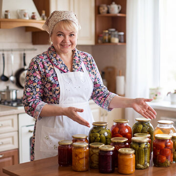 A happy housewife shows off her preparations for the winter