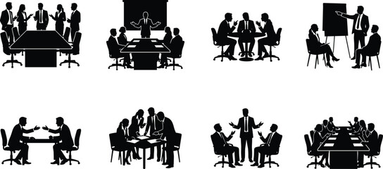 Fototapeta premium Set of black silhouettes showing business people in a corporate meeting, conference room, and professional team collaboration scenarios