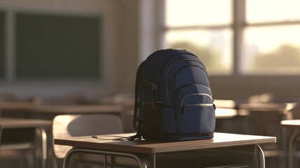 Obraz premium School bag rests on desk in empty classroom, close view.