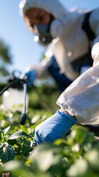 Over the shoulder view of confident european pest control technician in white protective coverall and blue gloves spraying lush green plants with a pressurized sprayer, bright