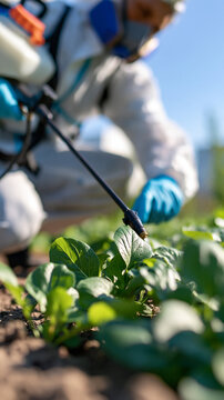 Over the shoulder view of confident european pest control technician in white protective coverall and blue gloves spraying lush green plants with a pressurized sprayer, bright